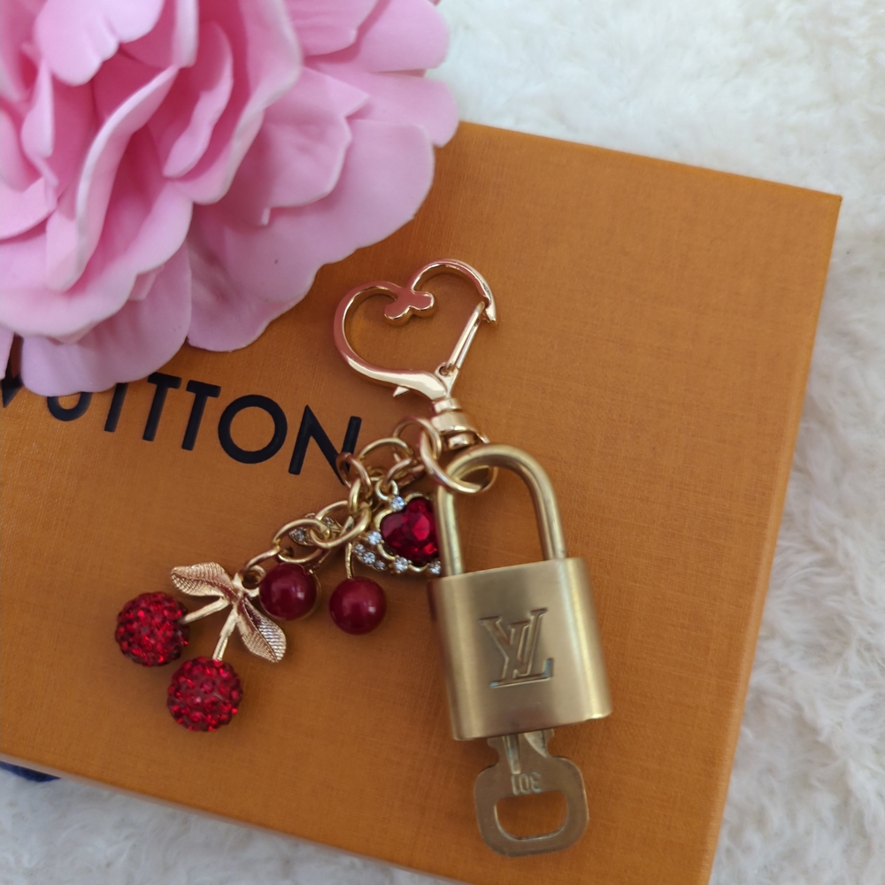 Louis Vuitton Authentic Padlock And Key #301  with Gold and Red Cherry Charms